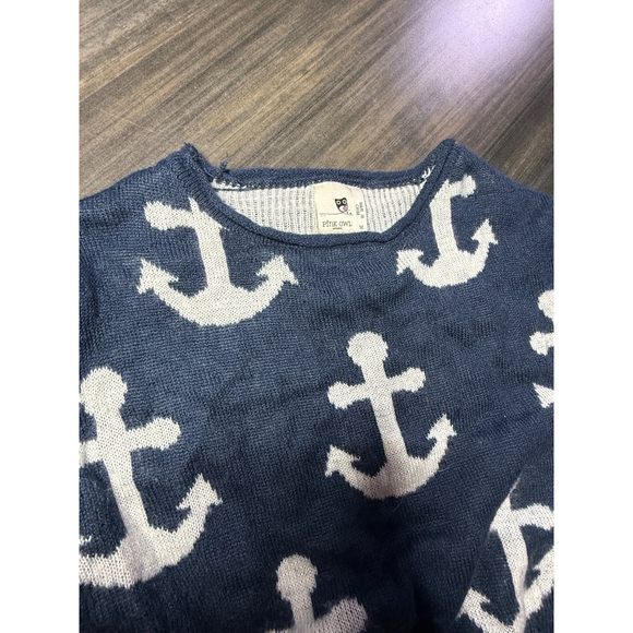 Pink Owl Anchor Knit Sweater Nautical Pullover Blue White Medium - Picture 4 of 5